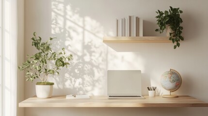 Wall Mural - sleek home office desk setup featuring a wall-mounted shelf, plant, and globe, ideal for remote work, minimalist design banner