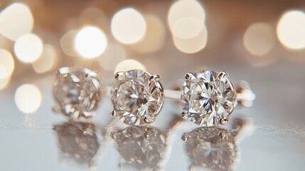 Poster - Close-up of diamond earrings arranged on a glossy surface with a reflection, emphasizing their clarity and brilliance with a soft, neutral backdrop.