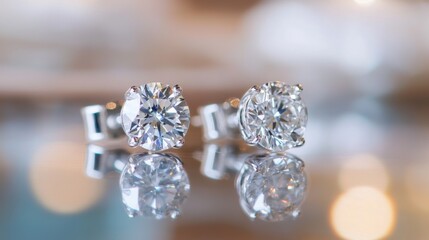 Poster - Close-up of diamond earrings arranged on a glossy surface with a reflection, emphasizing their clarity and brilliance with a soft, neutral backdrop.