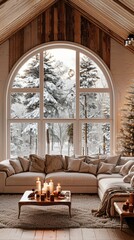 Poster - A cozy living room with a couch, coffee table, and a Christmas tree