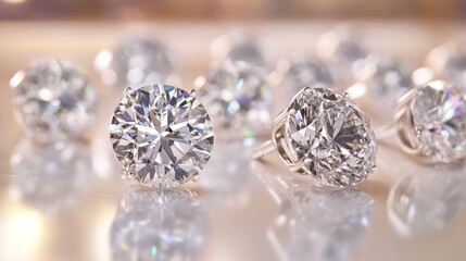 Poster - Close-up of diamond earrings arranged on a glossy surface with a reflection, emphasizing their clarity and brilliance with a soft, neutral backdrop.