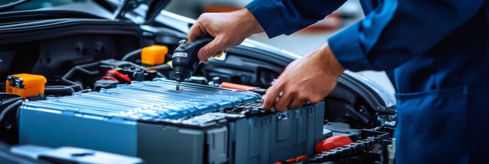 A skilled mechanic removes screws from an electric vehicle's battery pack, ensuring the battery is properly maintained in a well-organized garage