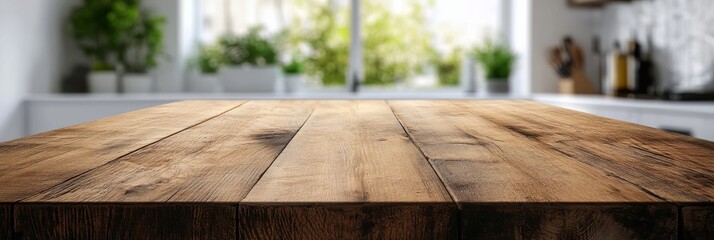 Poster - A rustic wooden table takes center stage with a soft focus on a modern kitchen behind. Natural light streams in, enhancing the warm tones of the wood and setting a cozy atmosphere