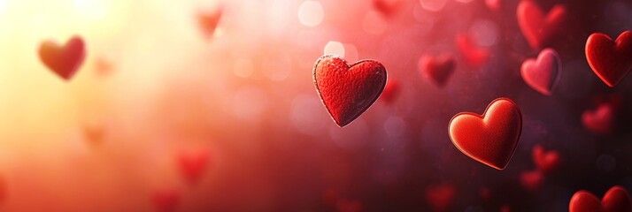 Poster - In a warm gradient atmosphere, various sized red hearts float gently, creating a soft and romantic ambiance perfect for conveying love and affection