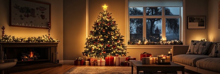 Wall Mural - A warm and inviting living room features a decorated Christmas tree shimmering with lights, surrounded by gifts, creating a festive ambiance for the holiday celebration