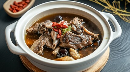 Wall Mural - white bowl is filled with meat and black oil in the rich lamb soup