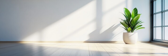 Poster - A spacious white room features sleek wooden flooring and a lone potted plant that thrives in the warm sunlight streaming through the window