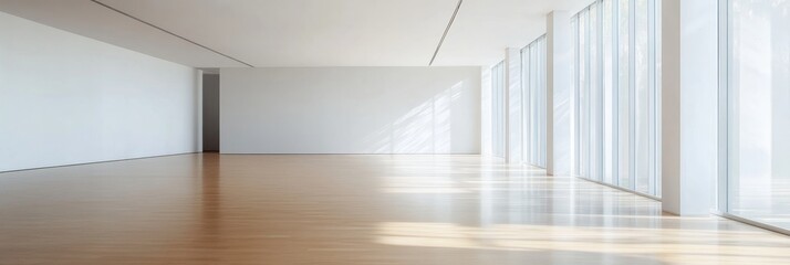 Poster - This spacious room features expansive windows that flood the area with natural light, highlighting its minimalistic design and empty, clean aesthetic