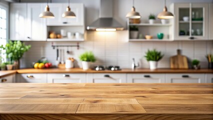 Fototapete - Empty tabletop in a defocused kitchen setting with space for text or product display