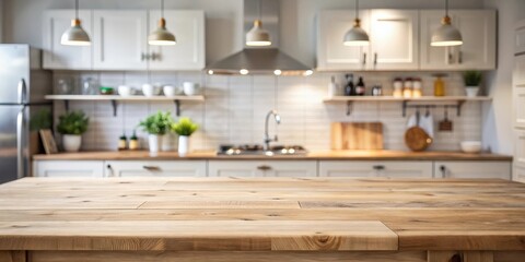Fototapete - Empty tabletop in a defocused kitchen setting with space for text