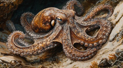 Poster - Detailed image of a curious octopus exploring the ocean floor, with its intricate patterns and textures highlighted in a natural, sandy habitat.