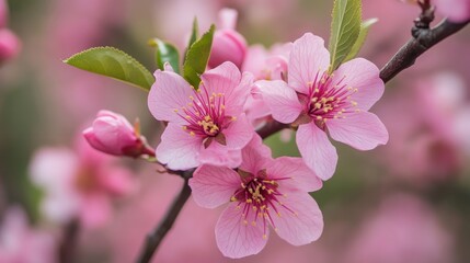 Wall Mural - Peach tree blooming, garden. Generative AI