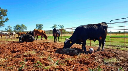 Poster - A herd of cows are grazing in a field