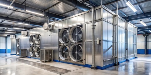 Poster - Industrial cooling chamber outside view with metal walls and large ventilation ducts , factory