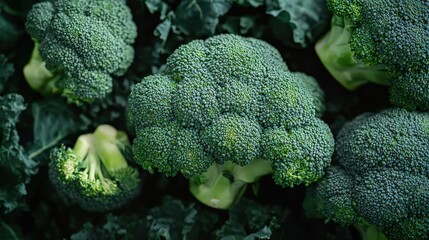 Wall Mural -  image of fresh, healthy broccoli heads, still in the garden. The vibrant green color and dense clusters highlight the nutritious and natural appeal of this vegetable.