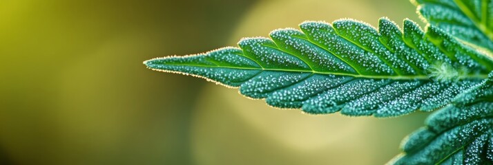 In a closeup view, a vibrant green cannabis leaf displays intricate details while a bud begins to form in the center, illuminated by soft, natural daylight