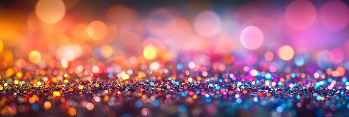 Poster - Scattered multicolored confetti creates a stunning display on a reflective surface, enhanced by vibrant bokeh effects that bring a sense of celebration