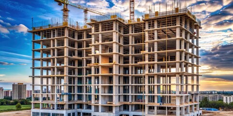 Poster - Tall building with many windows being constructed, skyscraper, construction, architecture, urban, cityscape, development, progress