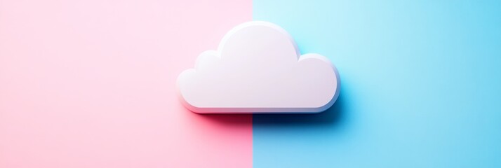 Poster - A minimalist cloud computing icon rests against a split pastel background, showcasing a blend of soft colors and elegant design elements that emphasize modern technology