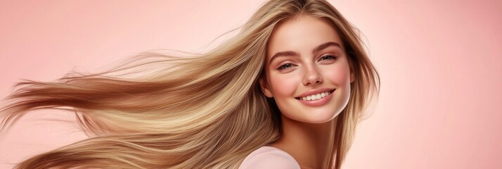 Wall Mural - A young woman exudes joy with her radiant smile, showcasing her long blonde hair gracefully flowing in front of a soft pastel backdrop, perfect for a serene portrait