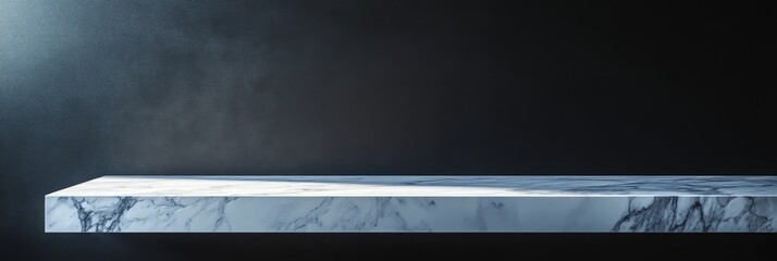 A smooth marble countertop extends against a matte black wall, enhancing the minimalistic aesthetic. The glossy surface reflects light, creating an elegant atmosphere