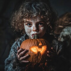 Wall Mural - Young child holding a carved pumpkin in a dimly lit, autumn atmosphere