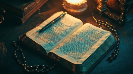 Opened bible with old quill pen and rosary beads on the brown table in quiet, dark atmosphere. Religion concept. Historical vintage style. generative ai