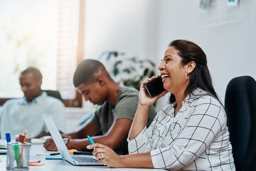 Leinwandbilder - Creative woman, laugh and phone call in office meeting for startup, artist or small business agency. Designer, laptop and art director happy for project proposal, planning or entrepreneur goals