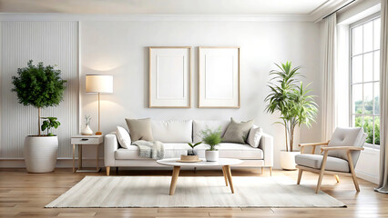 Wall Mural - Cozy white living room interior, home white Mock up frame, 3d render