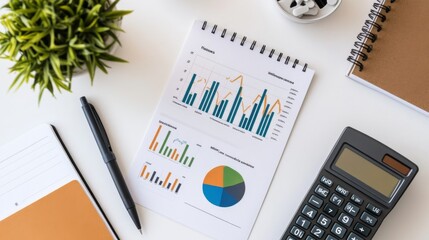 Poster - Flat lay of a business report with graphs, charts, and financial data, arranged on a white desk with a notebook, calculator, and pen.