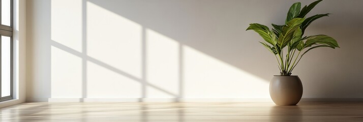Poster - The spacious, minimalist room features polished wooden floors and a single potted plant that adds a touch of greenery against the bright white walls, illuminated by soft sunlight