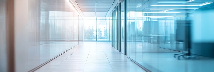 Poster - The sleek corridor showcases glass walls, allowing a soft view into the adjacent workspace, creating an open and airy atmosphere conducive to collaboration