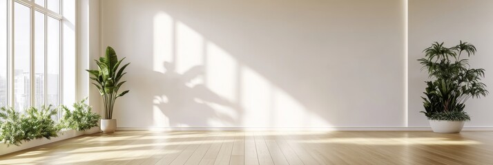 Poster - This tranquil space features pristine white walls and light wooden flooring, enhanced by natural sunlight streaming through large windows, creating a peaceful ambiance