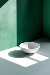Poster - A simple white bowl rests on a diagonal green and white surface, illuminated by natural light that casts soft shadows, creating a tranquil and clean aesthetic