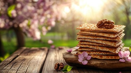 Passover celebration concept. Matzah, red kosher and walnut on wooden vintage table table in front of spring blossom tree garden and flowers landscape generative ai