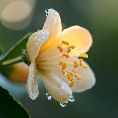 Canvas Print - A single white flower with yellow pollen and dew drops, lit by the morning sun.