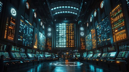 Poster - High-Tech Financial Hub, bustling traders engaged in intense market analysis, sleek modern architecture, digital screens illuminating the space