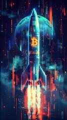 Bitcoin Rocket Soaring Amidst Holographic Charts in SciFi