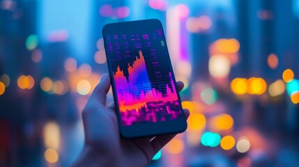 Aufkleber - Hand holding a smartphone with a graph showing increasing profits, set against a blurred cityscape background. The graph is in focus, with vibrant colors.