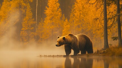 A night fog blankets the taiga as a bear moves through a yellow autumn forest. Surrounded by the vibrant colors of fall, the majestic brown bear wanders near a lake in Romania,