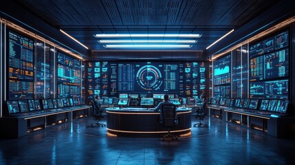 Poster - Futuristic Trading Hub, a bustling office filled with traders engaged in advanced technology, screens displaying market data and analytics.