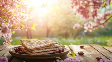 Passover celebration concept. Matzah, red kosher and walnut on wooden vintage table table in front of spring blossom tree garden and flowers landscape generative ai