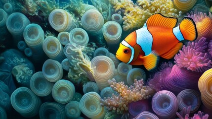 Poster - High-resolution image of a colorful clownfish nestled among sea anemones, showcasing their symbiotic relationship and the vibrant colors of both species.