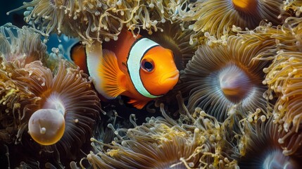 Poster - High-resolution image of a colorful clownfish nestled among sea anemones, showcasing their symbiotic relationship and the vibrant colors of both species.