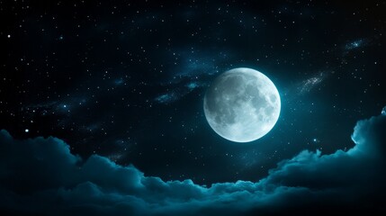 Wall Mural - a mesmerizing image of a full moon shining brightly in a night sky, surrounded by clouds and a multi