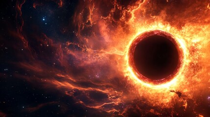 Wall Mural - a mesmerizing cosmic scene featuring a black hole surrounded by a fiery ring of energy, symbolizing 