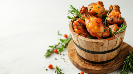 Wall Mural - This image shows a bucket filled with crispy fried chicken, set on a wooden board, and isolated against a white background. The contrast highlights the golden-brown color of the chicken, making it vis