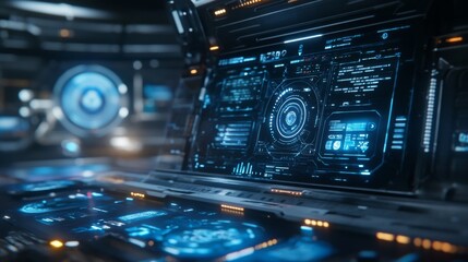 Aufkleber - Innovative technology concept with a futuristic interface and holographic displays, illustrating cutting-edge ideas and advancements in a high-tech environment.