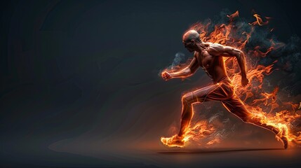 Running man with a blazing body. Energetic young athlete or marathon runner. Sport. The image represents the concept of running and the idea of pushing oneself to the limit. Illustration for design.