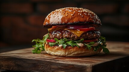 Wall Mural - juicy and scrumptious beef burger on wooden board, product presentation